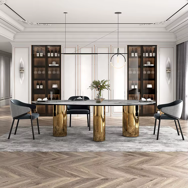 Aesthetic Luxury Gold Curved Dining Table Set with Genuine Leather Chairs — image 2