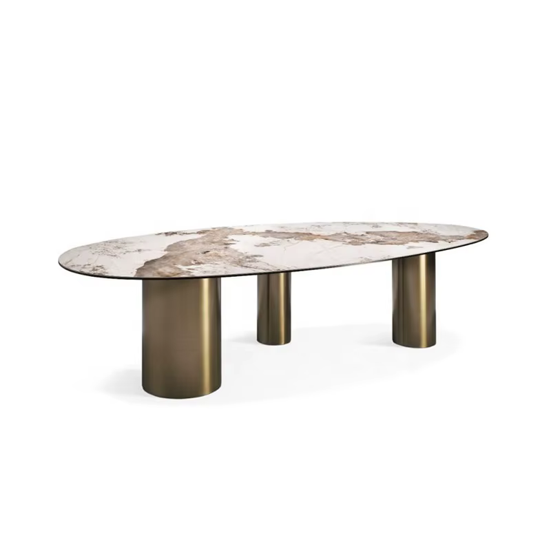 Aesthetic Luxury Gold Curved Dining Table Set with Genuine Leather Chairs — image 3