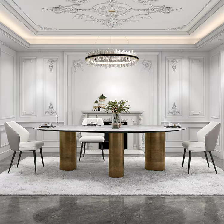 Aesthetic Luxury Gold Curved Dining Table Set with Genuine Leather Chairs — image 4