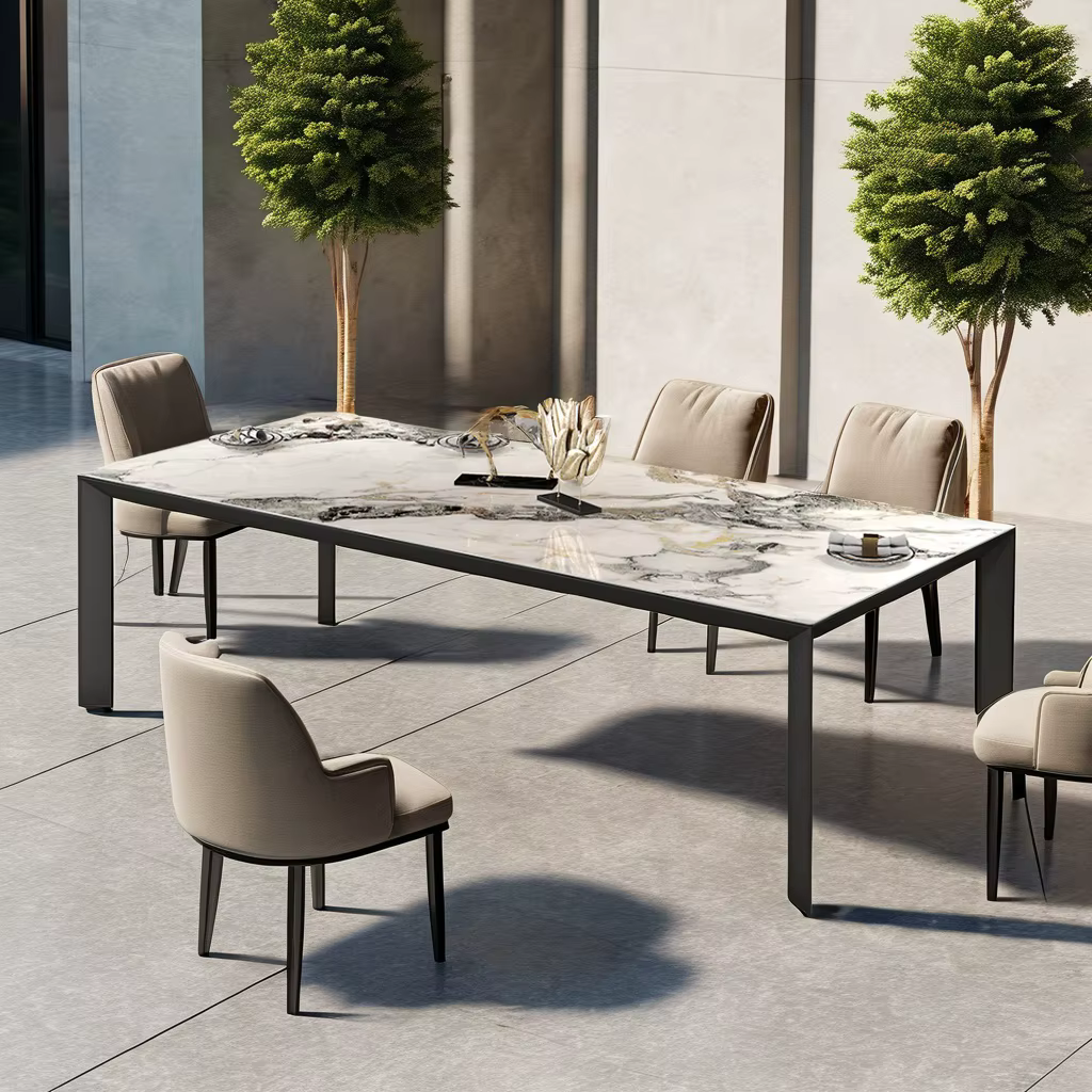 Metric Outdoor Dining Table - Marbled Bright White Ceramic Top with Aluminum Alloy Frame — image 2