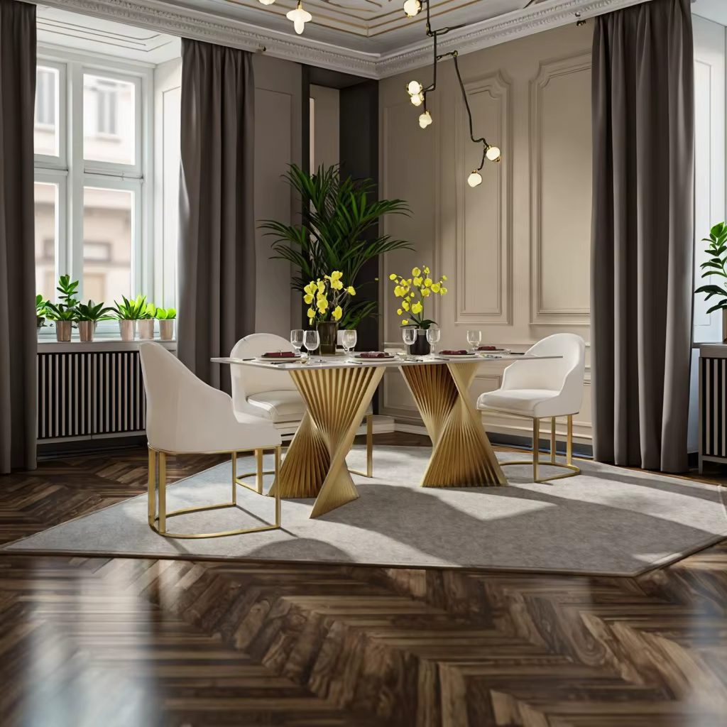 Modern Luxe Kitchen Marble Dine 63" Gold and White Dining Table Set with 6 Chairs — image 2