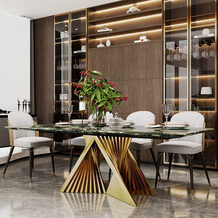 Modern Luxe Kitchen Marble Dine 63" Gold and White Dining Table Set with 6 Chairs — image 3