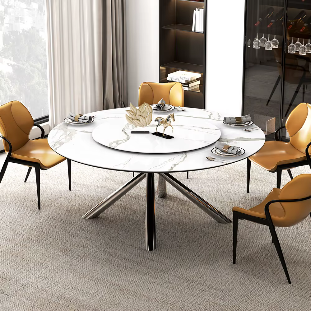X Shaped Base Desk Dining Table Set with Slate Stone Top and Lazy Susan Mechanism — image 2