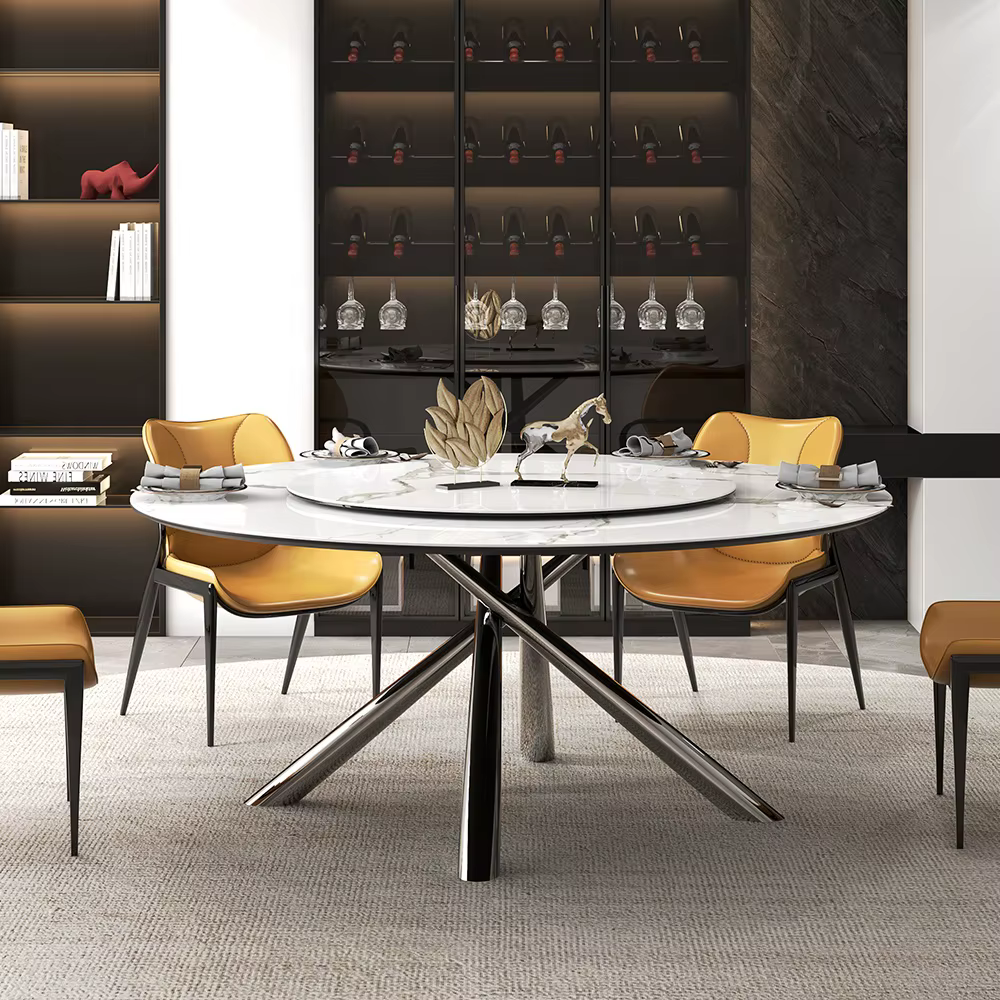 X Shaped Base Desk Dining Table Set with Slate Stone Top and Lazy Susan Mechanism — image 4