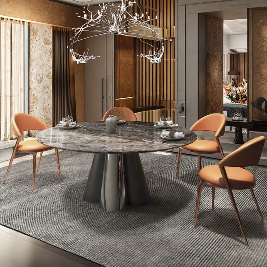Retro Style Indian Dining Desk Round Sliding Marble Pinning Dining Table with Rotating Centre — image 2