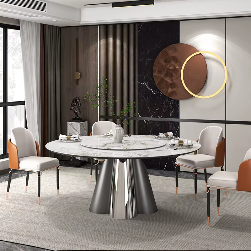 Retro Style Indian Dining Desk Round Sliding Marble Pinning Dining Table with Rotating Centre — image 5