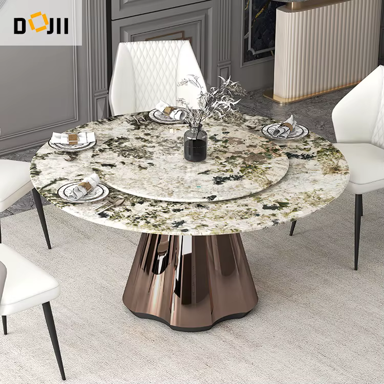 Italian Marble Top Round Dining Table with Golden Stainless Steel Base — image 2