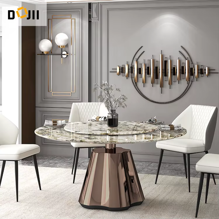 Italian Marble Top Round Dining Table with Golden Stainless Steel Base — image 3