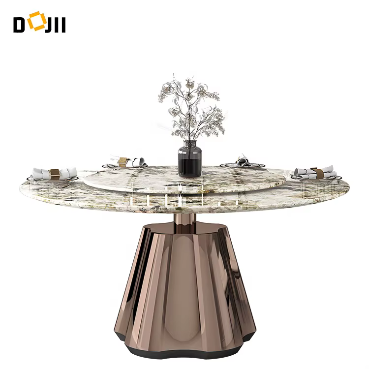 Italian Marble Top Round Dining Table with Golden Stainless Steel Base — image 5