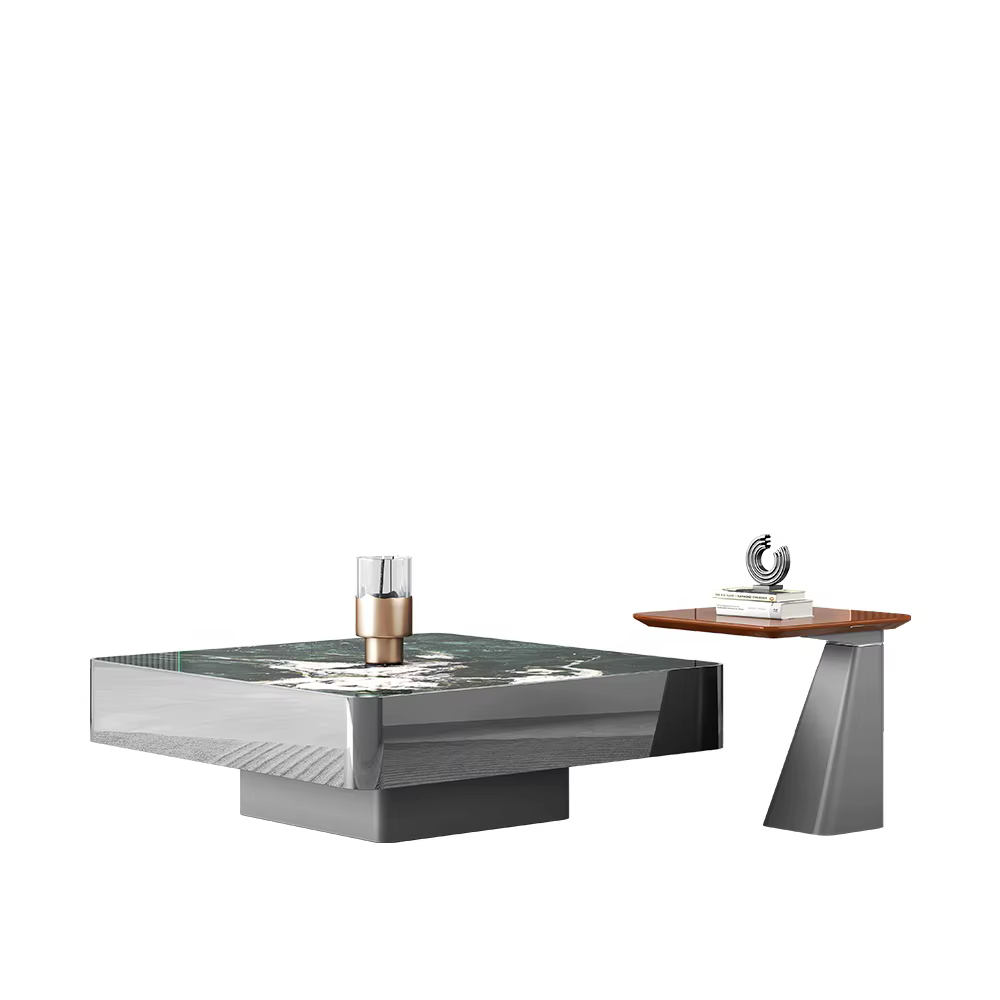 Functional Square Coffee Table Classic Marble Glass with Block Base — image 2