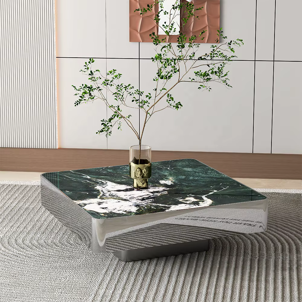 Functional Square Coffee Table Classic Marble Glass with Block Base — image 3