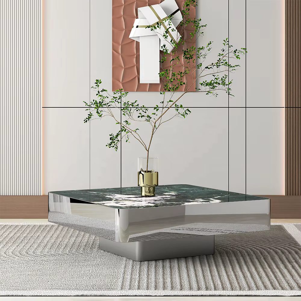 Functional Square Coffee Table Classic Marble Glass with Block Base — image 5