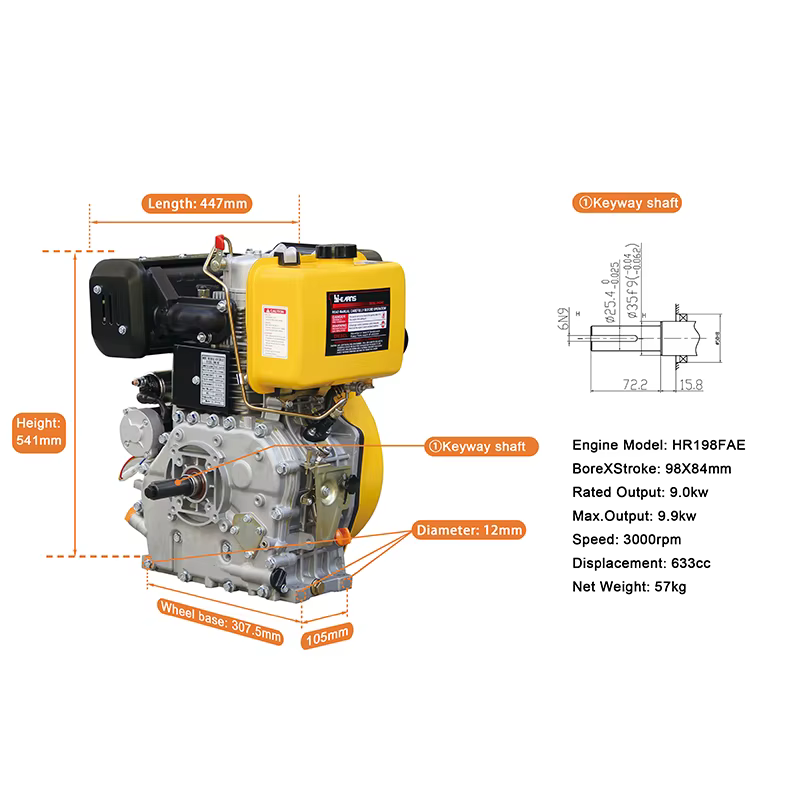9kW 10HP Air-Cooled Single Cylinder Hiearns HR198F Keyway Shaft Diesel Engine Recoil Start Easy to Operate EURO 5 — image 5