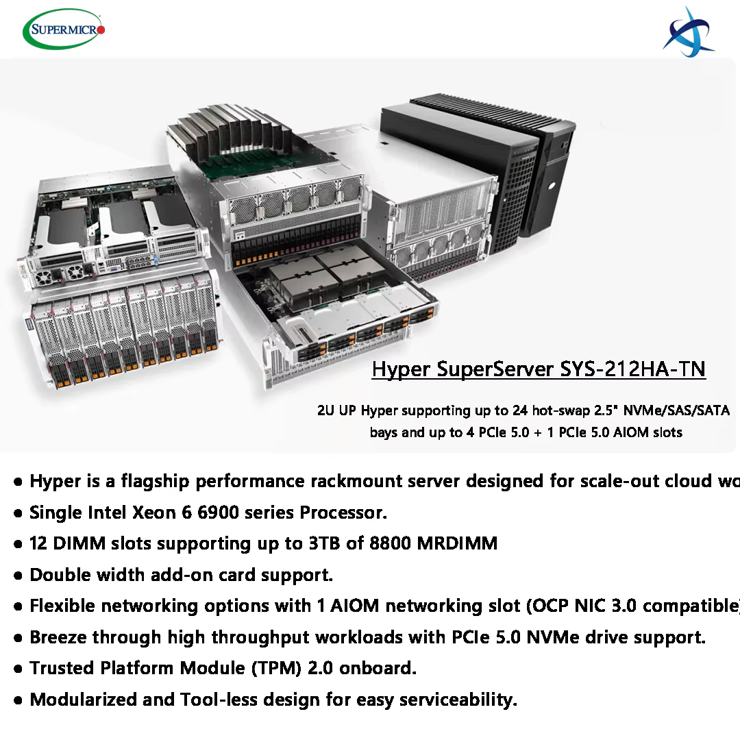Supermicro Hyper SuperServer SYS 212HA TN 2U Rackmount Single Intel Xeon 6 6900 Series Processor 24 Hot Swap NVMe Bays Ai Server — image 2