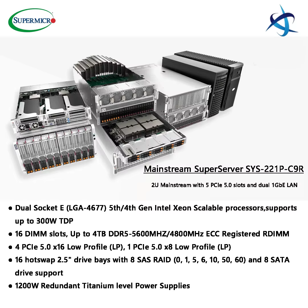 Supermicro Mainstream SuperServer SYS 221P C9R 2U Rack Server with Dual 5th Gen Intel Xeon Scalable Processors 16 Hot Swap Bays — image 2