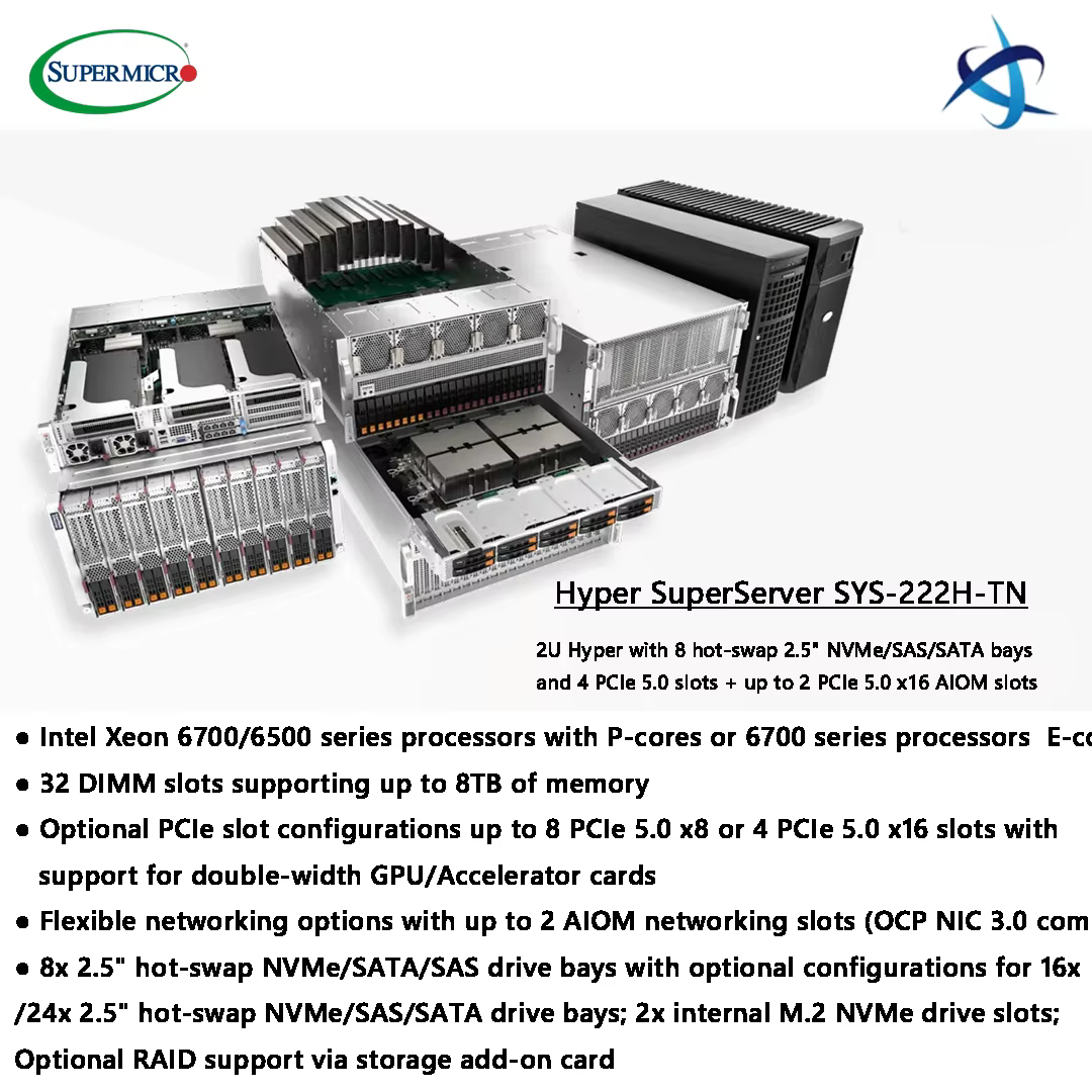 Supermicro Hyper SuperServer SYS 222H TN 2U Rack GPU Server with Intel Xeon 6700 6500 CPU 32 DIMM Slots 8 Hot Swap NVMe Bays — image 3