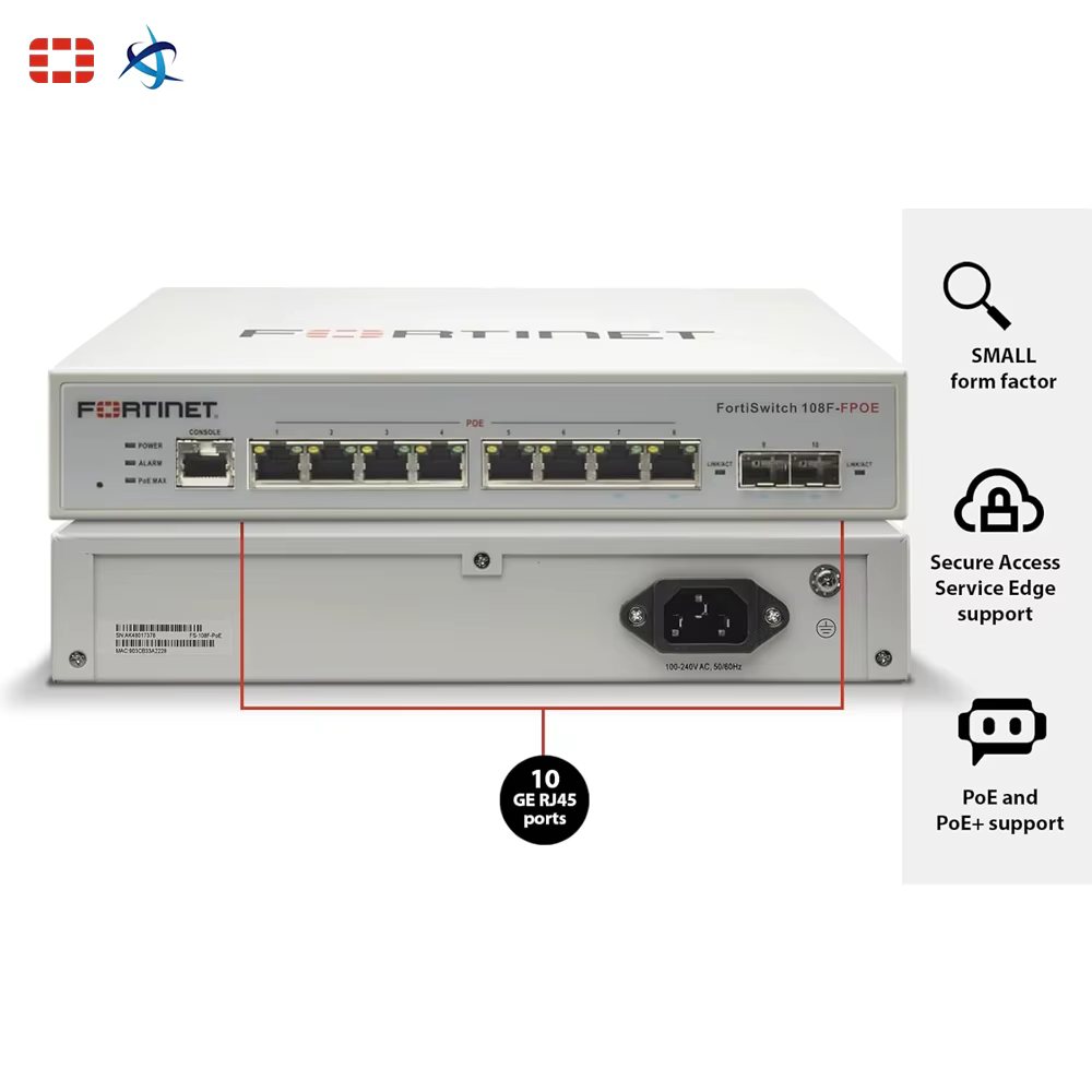 FortiSwitch 108F FPOE 8-Port Gigabit PoE Layer 2 Managed Network Switch 2 SFP Slots SNMP QoS Fanless Quiet Design Original — image 2