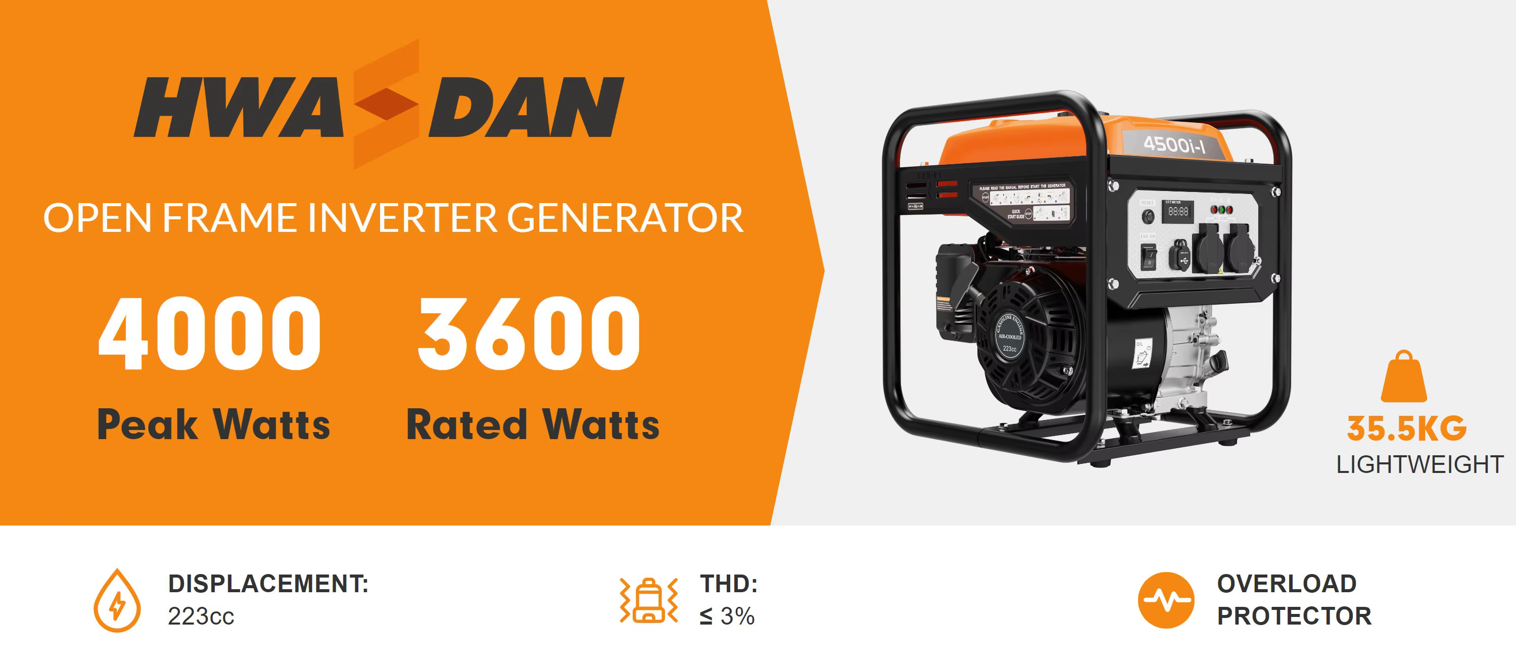 Hwasdan  4KW 3500w Gasoline Powered Open Frame Design Inverter Generators with Portable Electric Light  for House and Factory — image 6