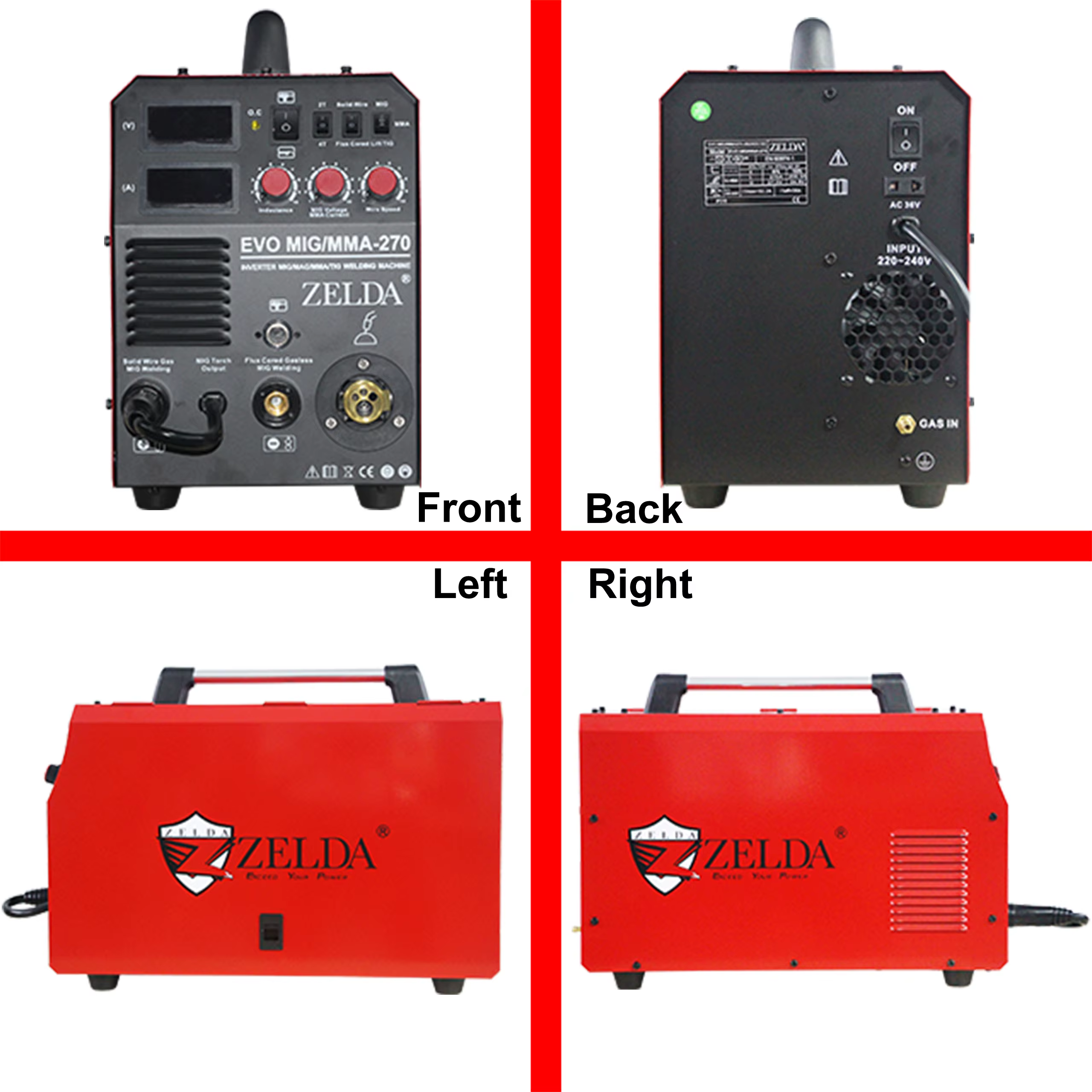 Zelda Professional 220V 270A 8.4kVA 80% Duty Cycle Multifunctional 4-in-1 MIG/MAG/TIG/MMA Welding Machine for Carbon — image 4