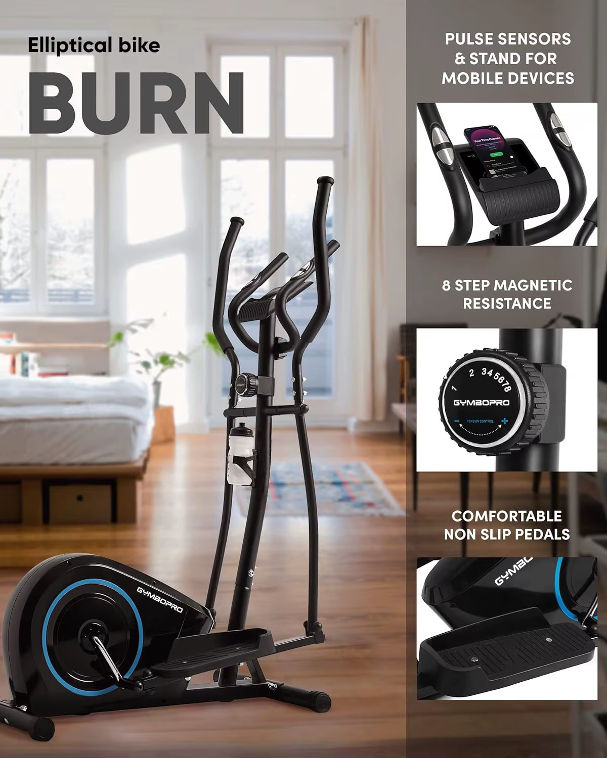 Home Exercise & Fitness Adult Magnetic Cross Trainer Burn up to 120 kg Black Elliptical Trainer for Gym — image 6