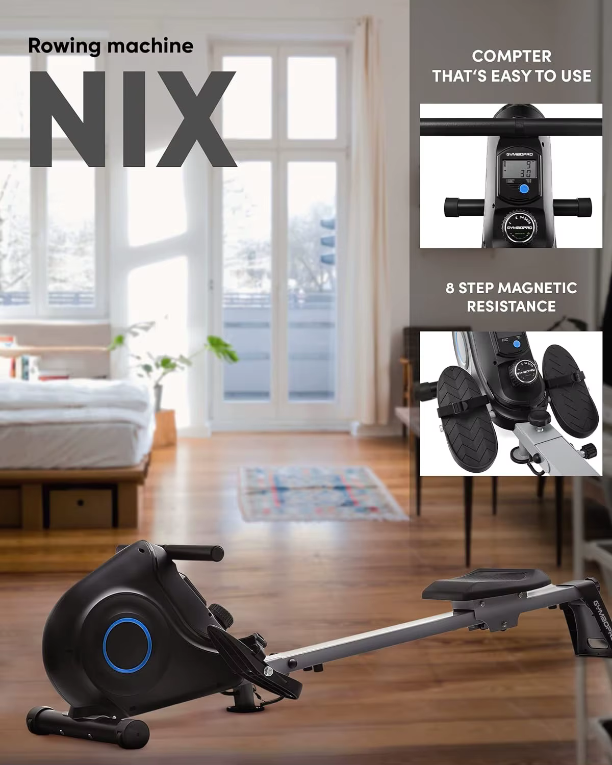 Fitness Magnetic Rower With Ball-Bearing Rowing Seat Foldable Air Rowing Machine for Home — image 3