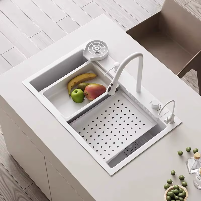 YITE White Flying Fish Waterfall Stainless Steel Kitchen Sink Modern Simple Design Rectangular Bowl One-Piece Molding Sink — image 2