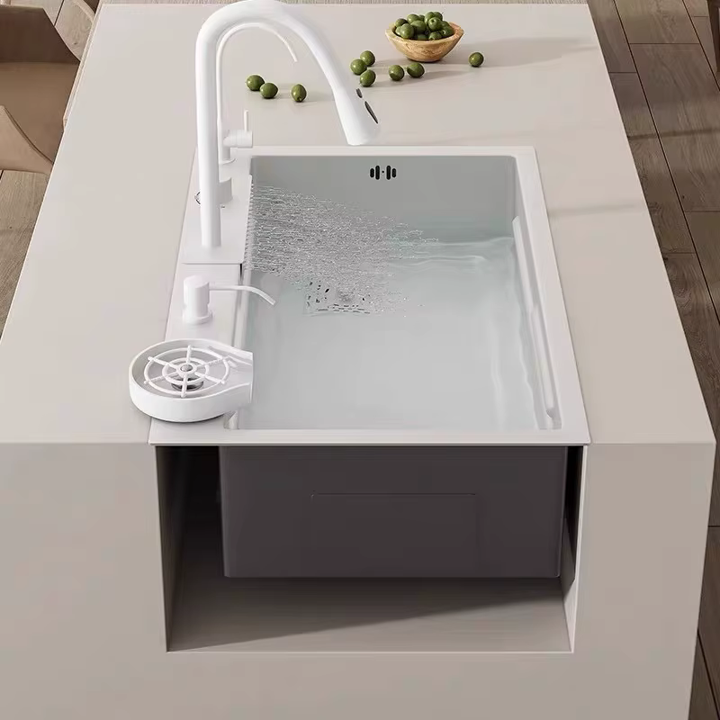 YITE White Flying Fish Waterfall Stainless Steel Kitchen Sink Modern Simple Design Rectangular Bowl One-Piece Molding Sink — image 3