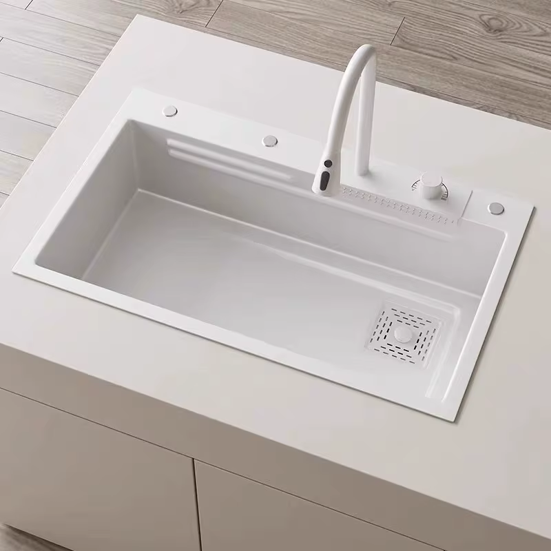 YITE White Flying Fish Waterfall Stainless Steel Kitchen Sink Modern Simple Design Rectangular Bowl One-Piece Molding Sink — image 4