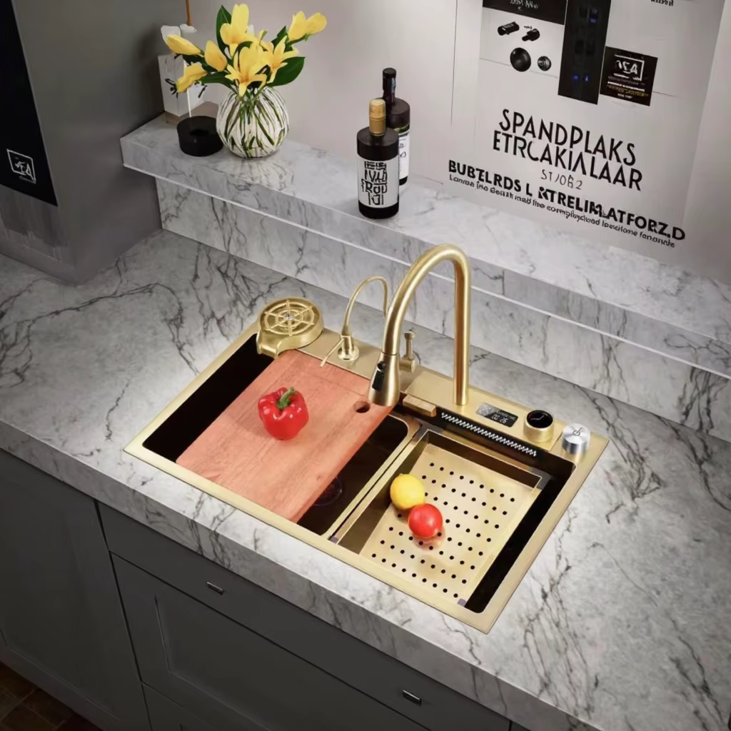 YITE Spot American Design Rectangular Bowl Golden Piano Key Digital Display Large Single 304 Stainless Steel Kitchen Sink — image 2
