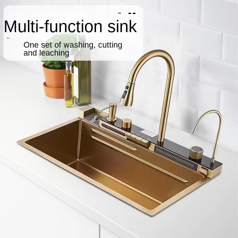 YITE Golden Whale Modern Simple Design Nano Surface Handmade Rectangular Bowl Large Single Sink LCD Copper Faucet Kitchen — image 2