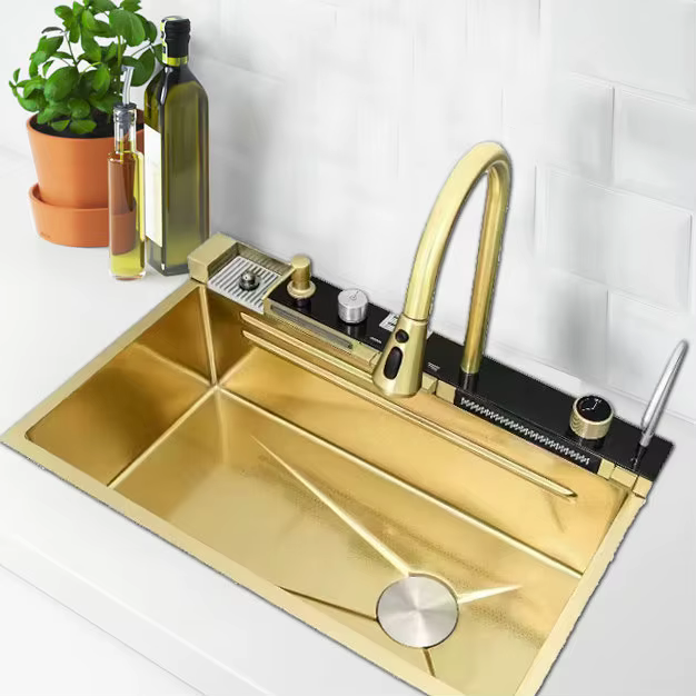YITE Golden Whale Modern Simple Design Nano Surface Handmade Rectangular Bowl Large Single Sink LCD Copper Faucet Kitchen — image 3