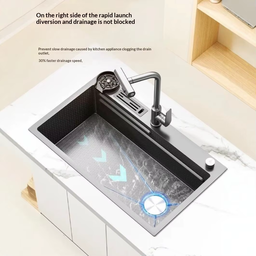 YITE Handmade 304 Stainless Steel Kitchen Sink Holder with Rotating Head Pull-out Cold Hot Water Nano Honeycomb Surface Tianyu — image 4