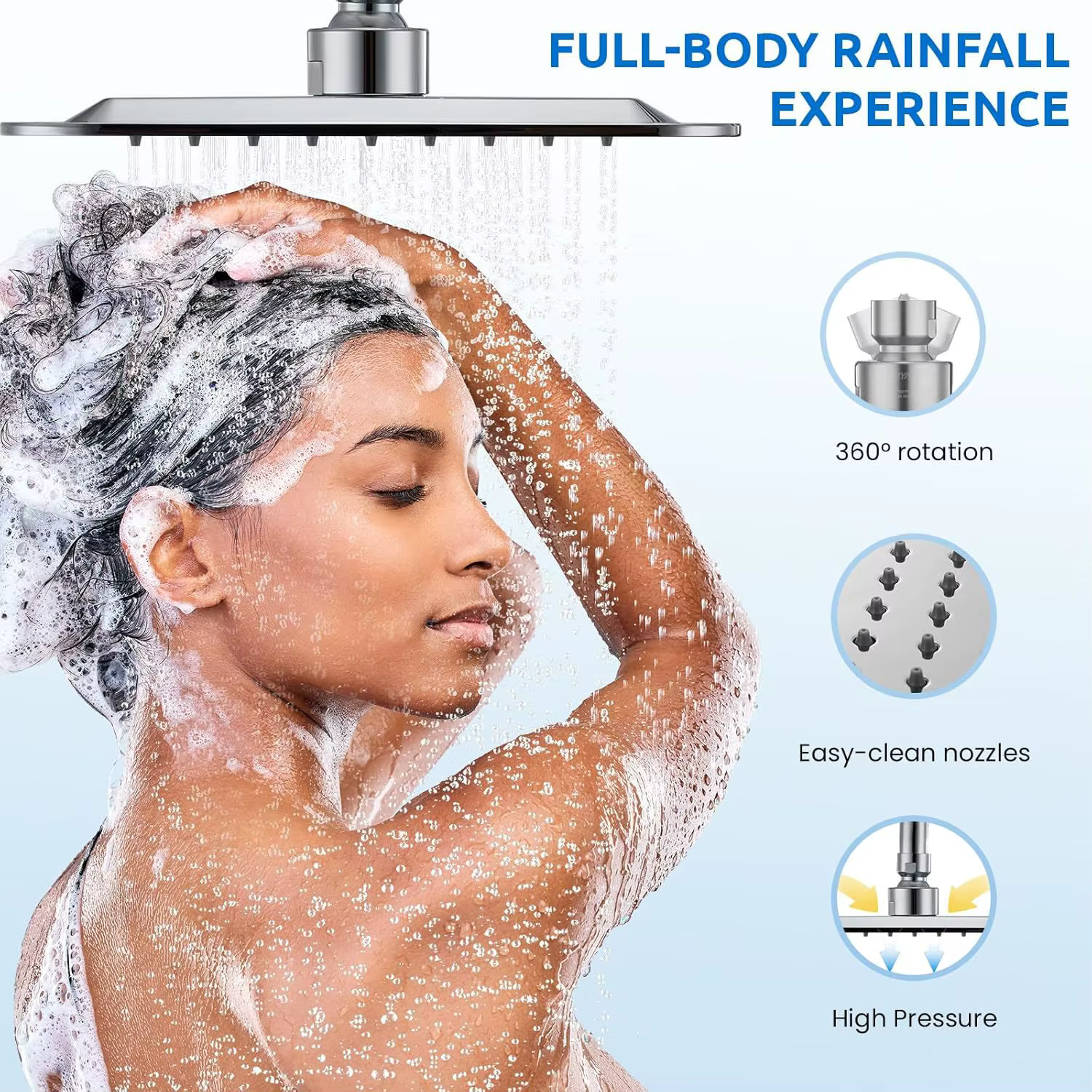 YITE 8-inch ABS Ceramic Valve Polished Chrome Square Shower Head Single Handle Rain Setting Angle Adjustable Handheld — image 2