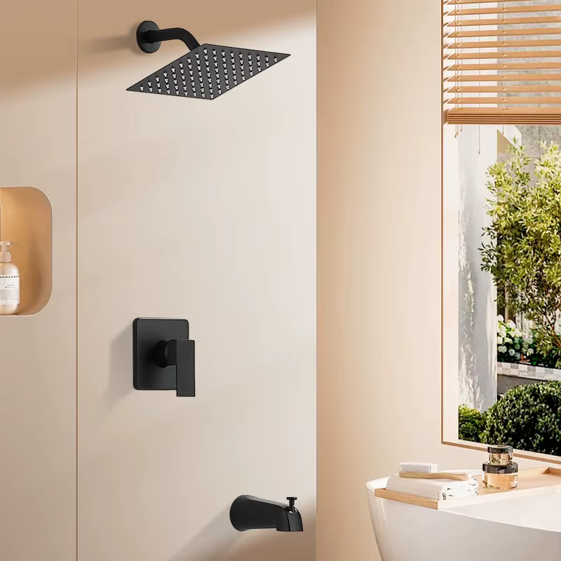 YITE Concealed Wall-Mounted Brass Shower Set Rain Spray Black Finish Four-Way Thermostatic Single Handle Faucet Ceramic Hotel — image 3