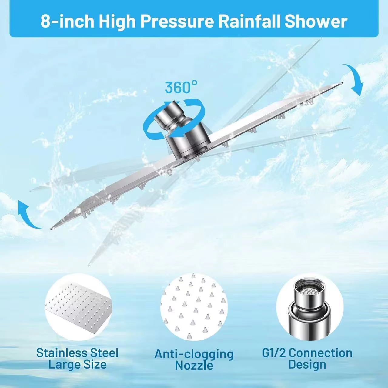 YITE Supercharged Top Spray Rainfall Chrome Shower Head Replaceable Filter Element Bathroom Faucet Accessories Wall Mounting 5 — image 2