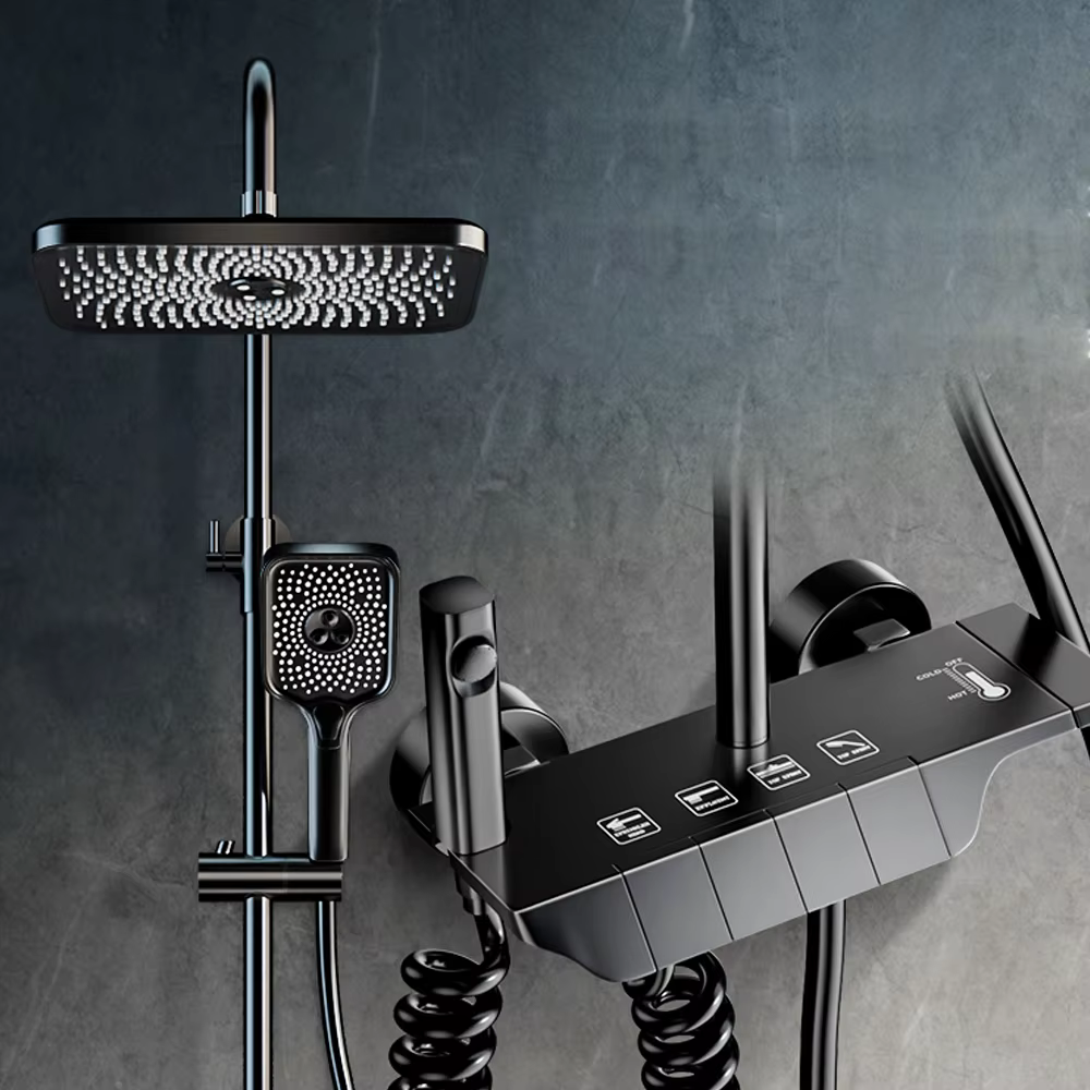 Single Handle Black Piano Polished Brass Shower Faucet Set Thermostatic Bath Faucets with Ceramic Valve Core — image 2