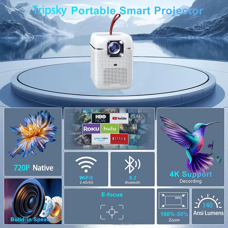 Tripsky Mini Projector Electric Focus Android 11.0 Projector with WiFi Bluetooth Hone Cinema Smart Projector — image 4