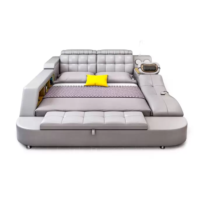 Multifunctional Tech Smart Genuine Leather Bed with Massage Recliner, Bluetooth Speakers, USB, Bookshelves & Storage Drawers — image 2
