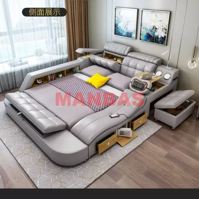 Multifunctional Tech Smart Genuine Leather Bed with Massage Recliner, Bluetooth Speakers, USB, Bookshelves & Storage Drawers — image 3