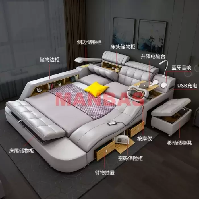 Multifunctional Tech Smart Genuine Leather Bed with Massage Recliner, Bluetooth Speakers, USB, Bookshelves & Storage Drawers — image 4
