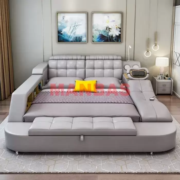Multifunctional Tech Smart Genuine Leather Bed with Massage Recliner, Bluetooth Speakers, USB, Bookshelves & Storage Drawers — image 5
