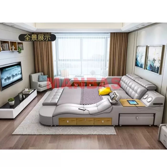 Multifunctional Tech Smart Genuine Leather Bed with Massage Recliner, Bluetooth Speakers, USB, Bookshelves & Storage Drawers — image 6