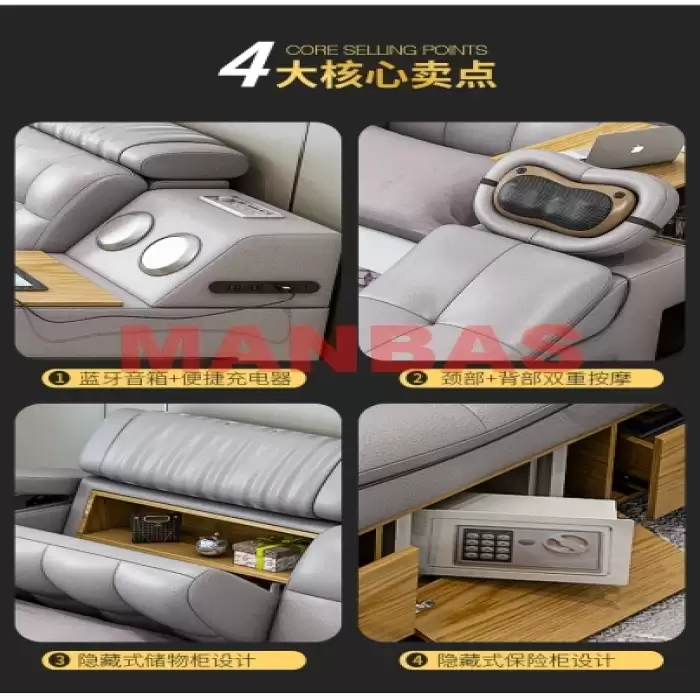 Multifunctional Tech Smart Genuine Leather Bed with Massage Recliner, Bluetooth Speakers, USB, Bookshelves & Storage Drawers — image 7