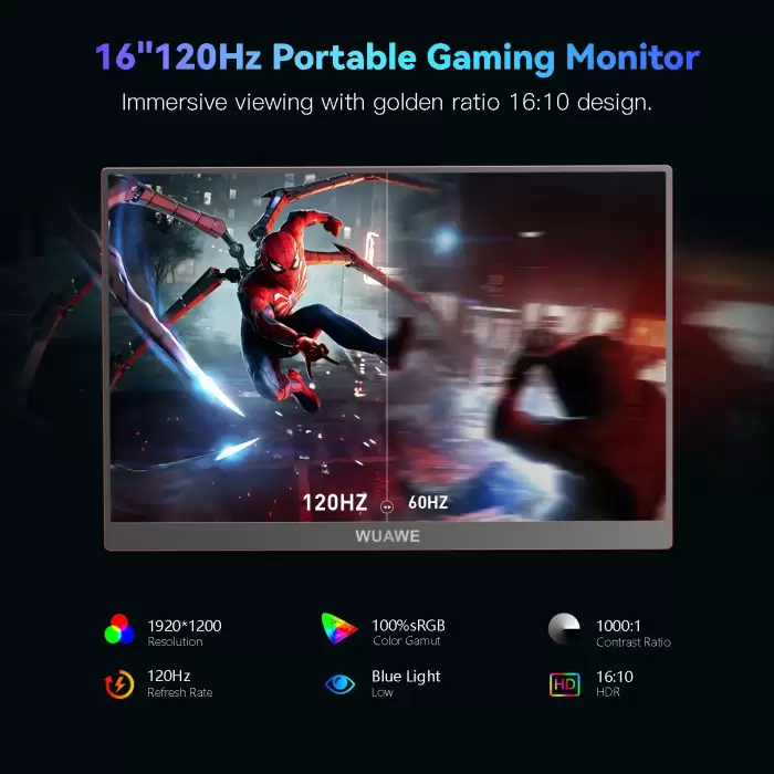 16 inch 120hz Portable Gaming Monitor for Laptop,WUAWE 1200P Colorful LCD FHD Computer External Second Screen — image 3