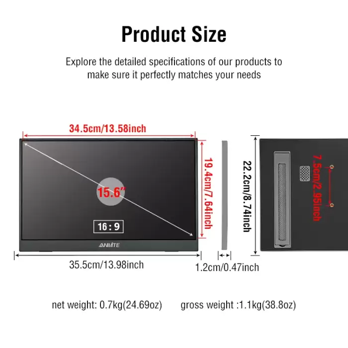 Anmite 15.6-Inch Portable Touch Monitor Non-touch optional 1080P HDR 16:9 For XBox PS4 / 5 Switch Cell Phone PC Loptop Extensio — image 6