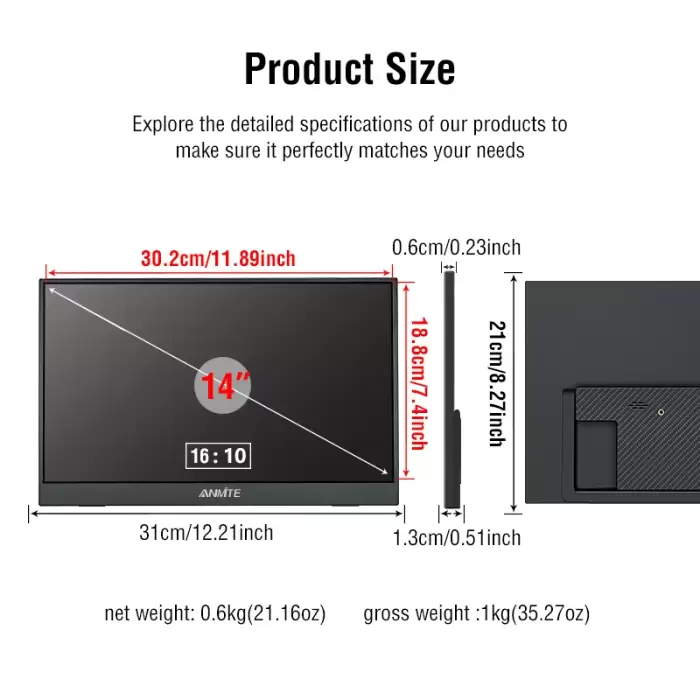 Anmite 14 Inch Touch Screen Portable Monitor Non-touch optional 16:10 400cd/m2 Gaming Display For XBox PS4/5 Switch Loptop — image 5