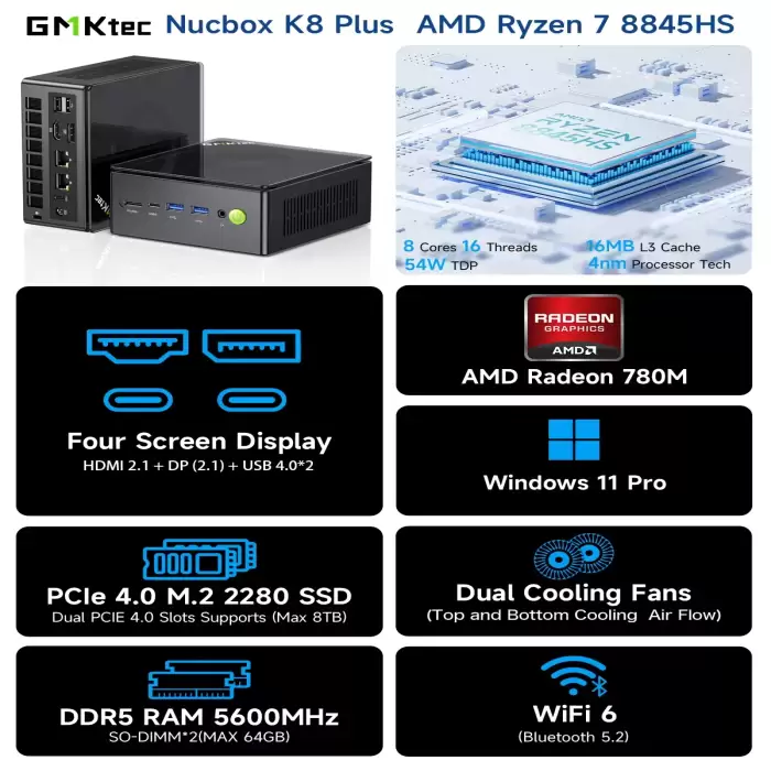 GMKtec K8 Plus R7 8845HS 16GB DDR5 5600Mhz 512GB PCIe4.0 M.2 SSD Win11 Pro Mini PC 70W WIFI6 BT5.2 Mini Gaming Computer — image 7