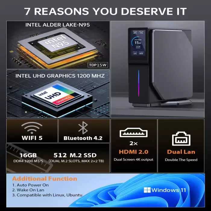 S1 LCD SCREEN Rgb Mini PC with Screen Intel Alder Lake-N95 16GB DDR4 512 M.2 SSD Vertical Computer for Home/Office. — image 6