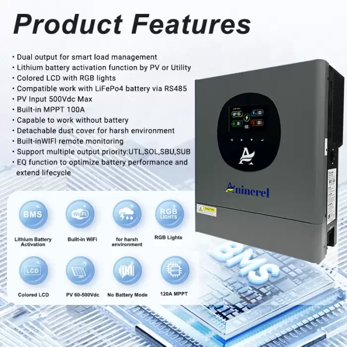 Aninerel 4.2KW 6.2KW 11KW 24V/48V Hybrid Solar Inverter 220-230V On + Off Grid Pure Sine Wave Inverter MPPT Solar Charger wifi — image 7
