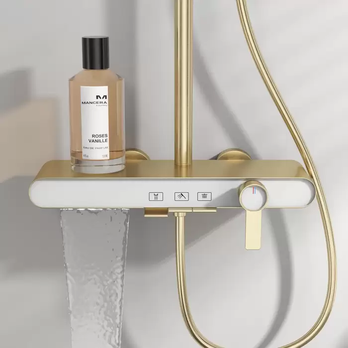 Hot Cold Bathroom Shower System Faucets 12 Inch Round Rain Shower Head Brushed Rose Gold Hot Cold Waterfall Bathroom Shower Set — image 5
